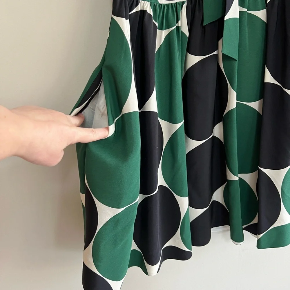 Kate Spade Willa Silk Sleeveless Tie Neck Dot A-Line Dress Green Black, size 0